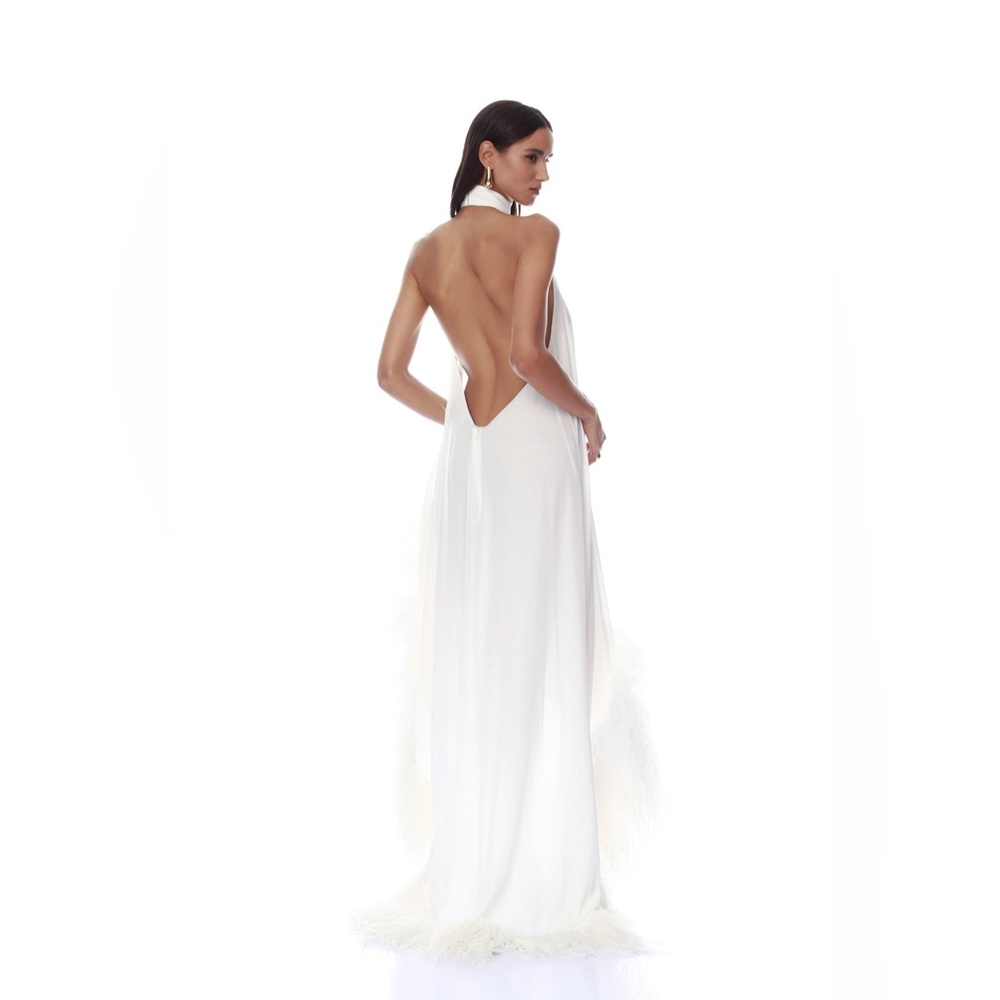 Bronx & Banco White Madeline Halter Neck Ostrich Feather Backless Gown XS NWOT - Picture 10 of 17